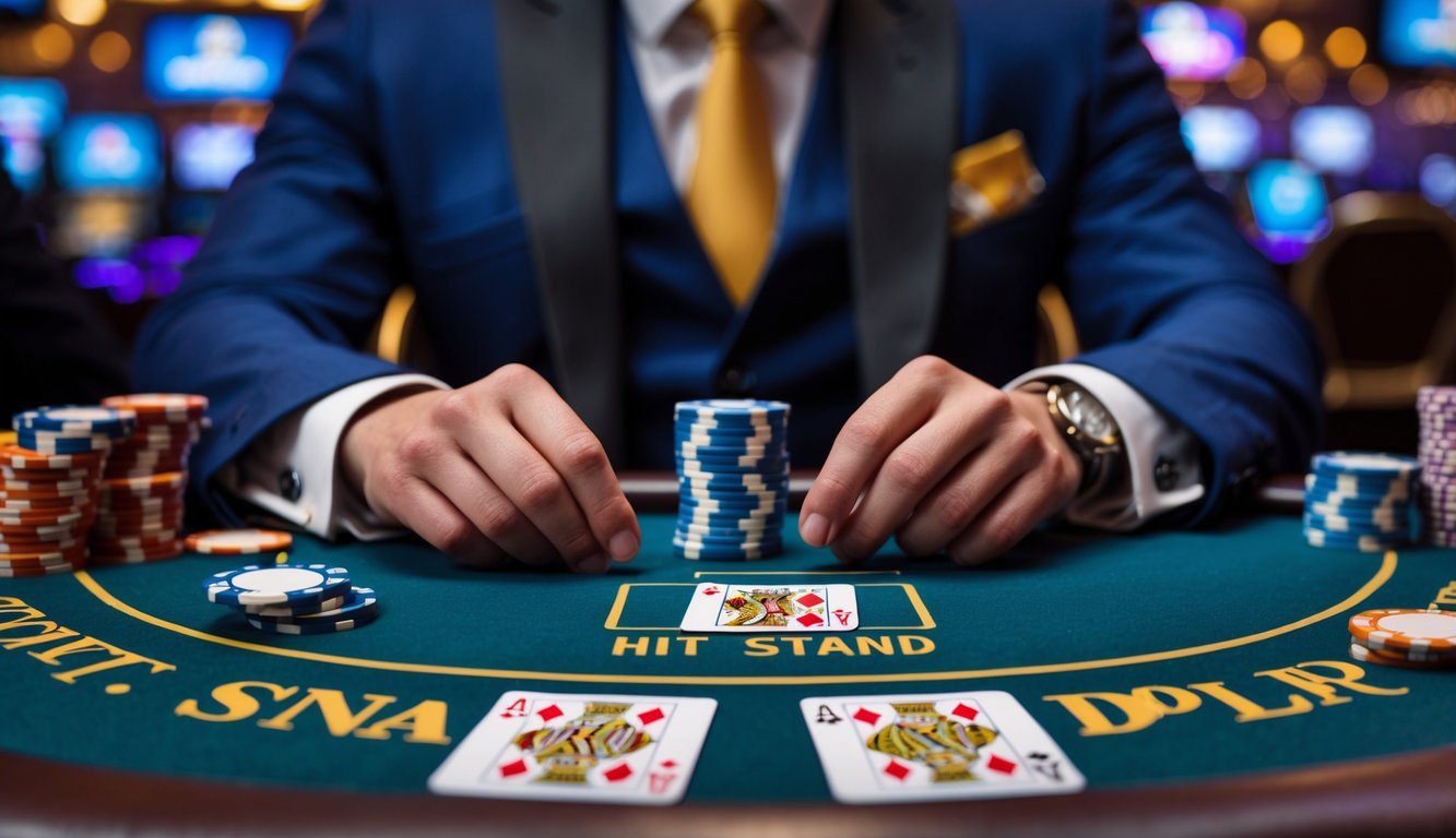 Seorang pemain blackjack duduk di meja kasino dengan kartu dan chip, fokus pada permainan.