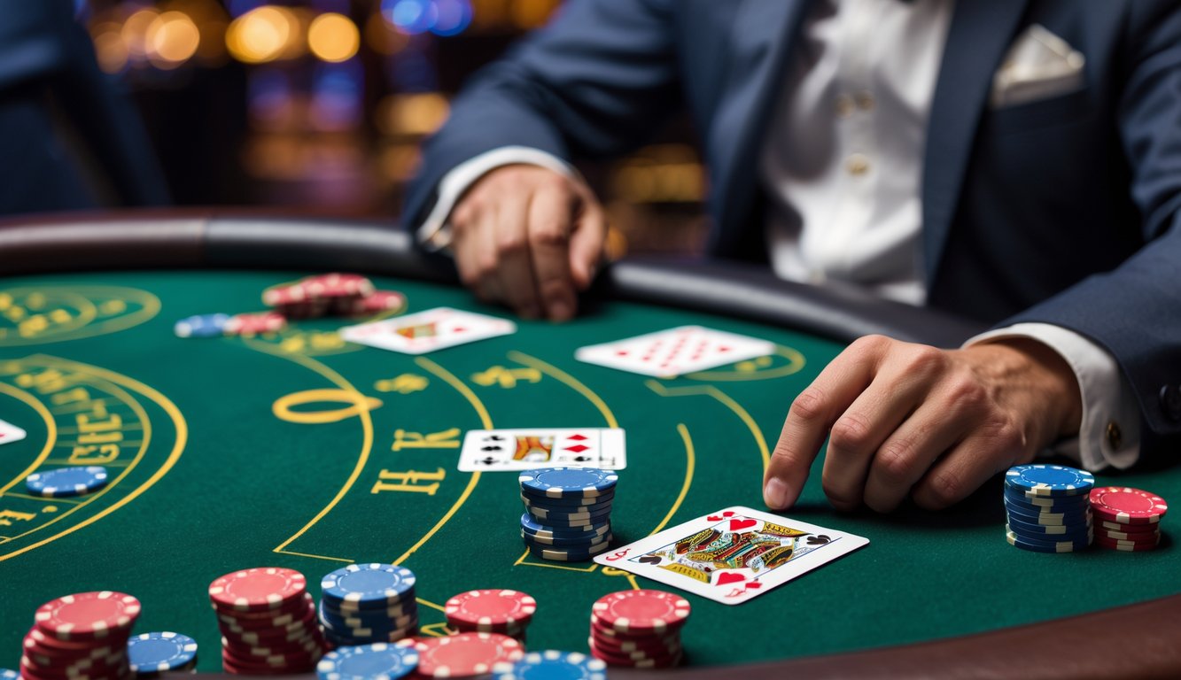 Seorang pemain blackjack berpakaian rapi sedang mempertimbangkan langkah berikutnya di meja kasino dengan kartu dan chip tertata rapi.