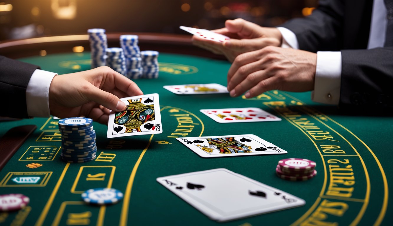 Meja blackjack dengan tangan dealer dan pemain sedang memegang kartu, menunjukkan momen strategi hit dan stand.