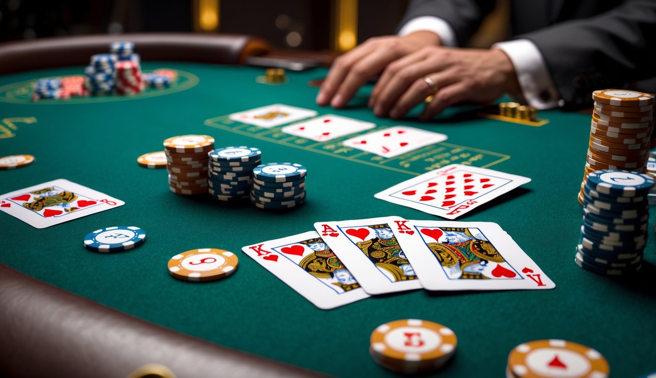 Meja blackjack dengan kartu dan tumpukan chip, tangan dealer sedang menunjukkan tindakan hit atau stand.