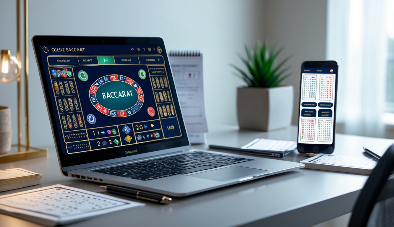 Seorang pengguna sedang belajar baccarat online di laptop dengan catatan dan ponsel di meja kerja yang rapi.