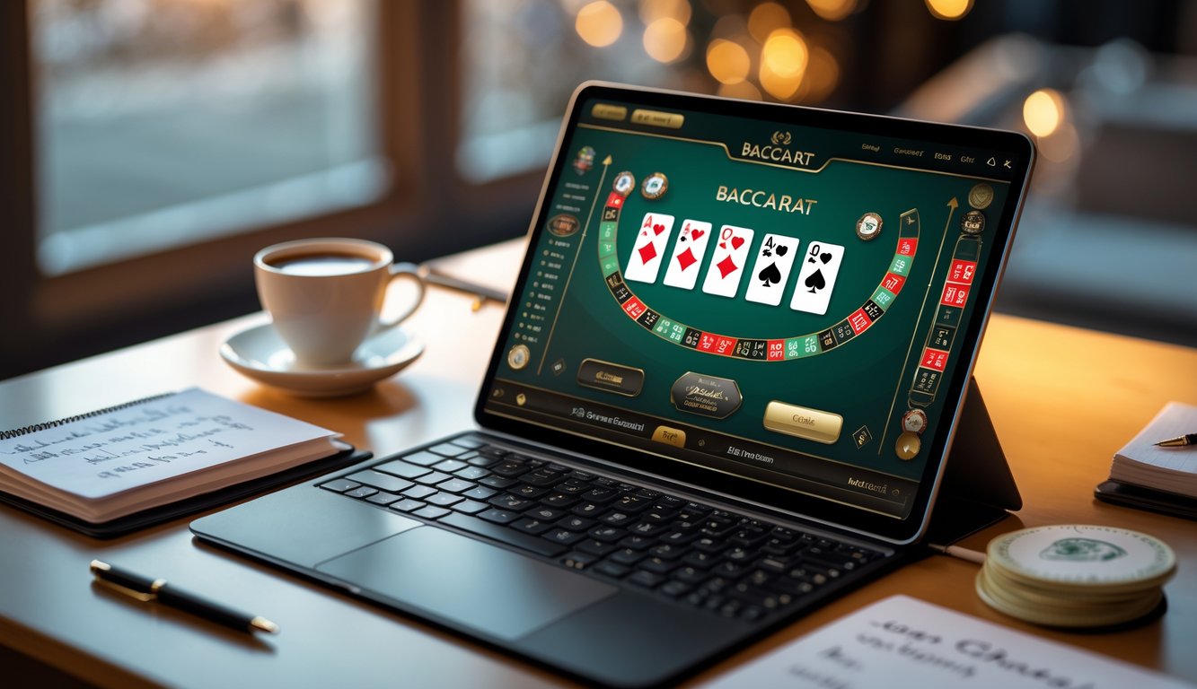 Sebuah laptop dengan layar permainan baccarat online dan alat tulis di meja yang rapi.