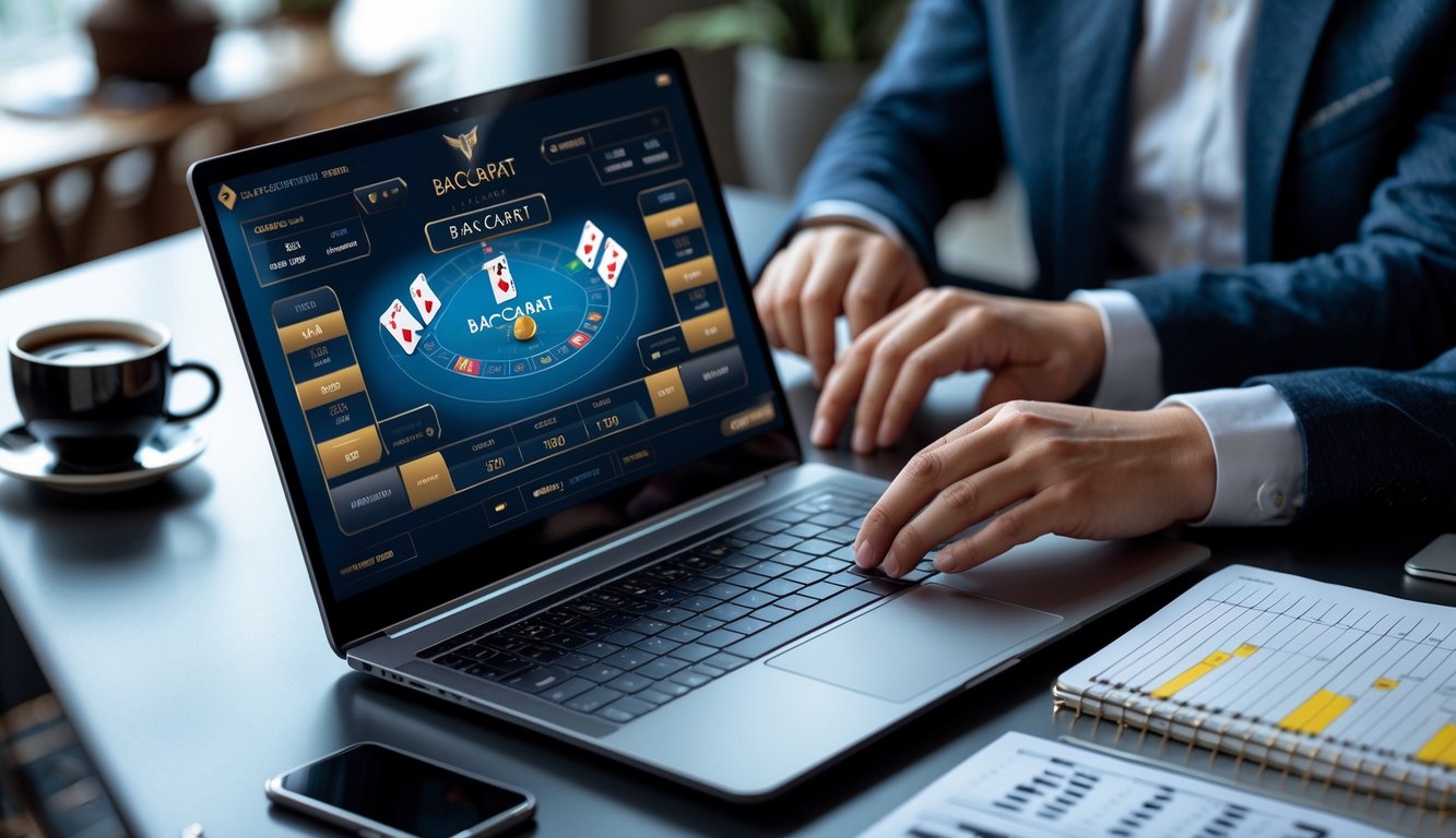 Seseorang sedang menggunakan laptop untuk bermain baccarat online dengan catatan dan smartphone di meja.