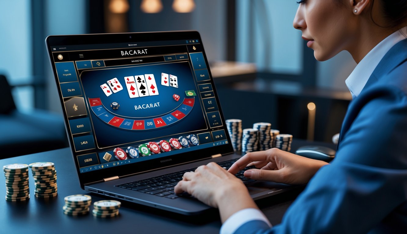 Seorang pemain fokus menggunakan komputer untuk bermain baccarat online dengan tumpukan chip di meja dan suasana ruang kerja yang nyaman.