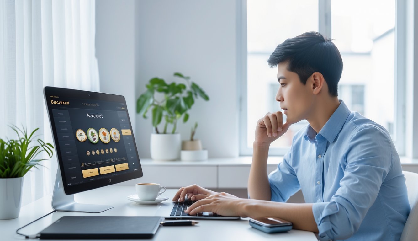 Seorang dewasa muda duduk di meja modern dengan laptop terbuka menampilkan permainan baccarat online, di ruang kerja rumah yang terang dan rapi.