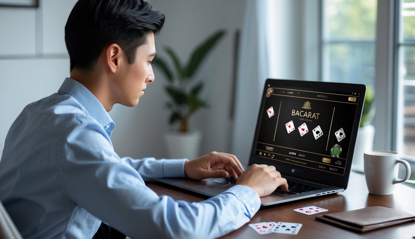 Seorang dewasa muda bermain baccarat online di laptop di ruang kerja rumah yang terang dan nyaman.