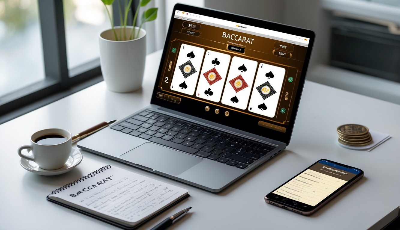 Seorang pria duduk di depan laptop dengan layar menampilkan permainan baccarat online, di sampingnya terdapat buku catatan dan ponsel, di meja kerja yang rapi dan terang.