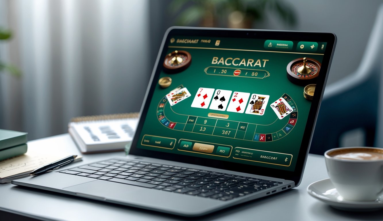Seorang pengguna sedang bermain baccarat online di laptop dengan meja kerja rapi dan alat tulis di sekitarnya.