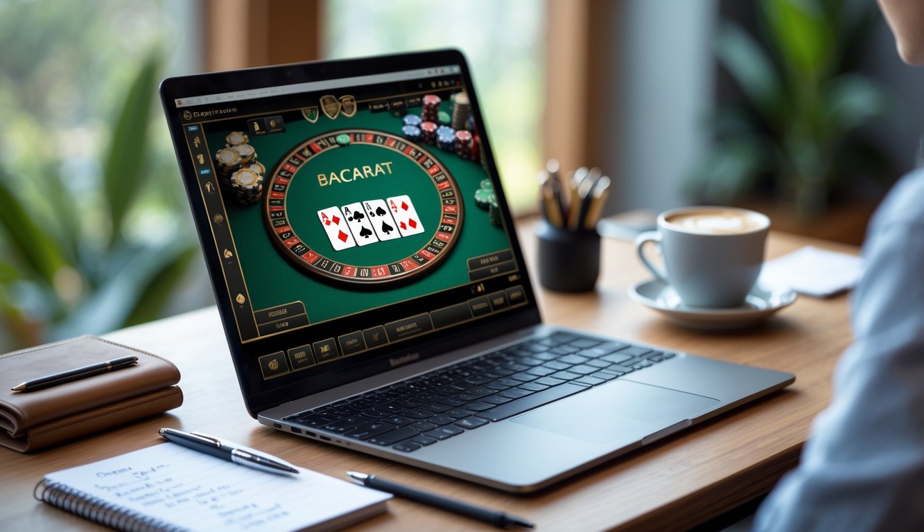 Seorang pemain sedang menggunakan laptop dengan tampilan permainan baccarat online dan catatan strategi di meja kerja.