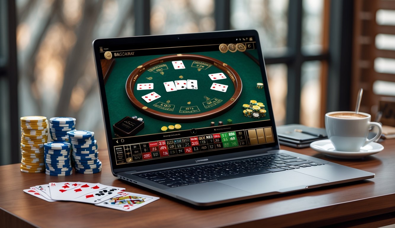 Seorang pemain baccarat online menggunakan laptop dengan chip dan kartu di meja kayu modern.