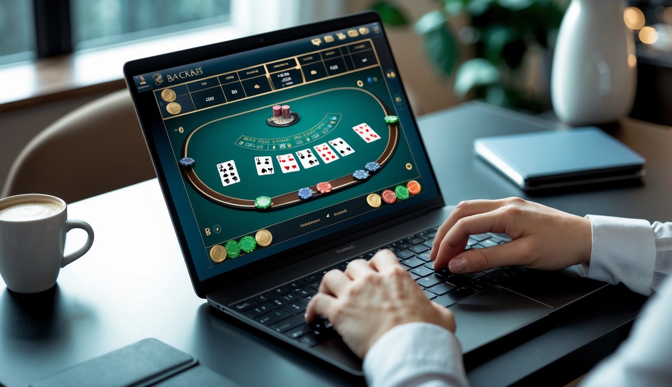 Seorang pemain sedang menggunakan komputer untuk bermain baccarat online dengan chip dan kartu terlihat di layar dalam ruangan yang rapi dan terang.