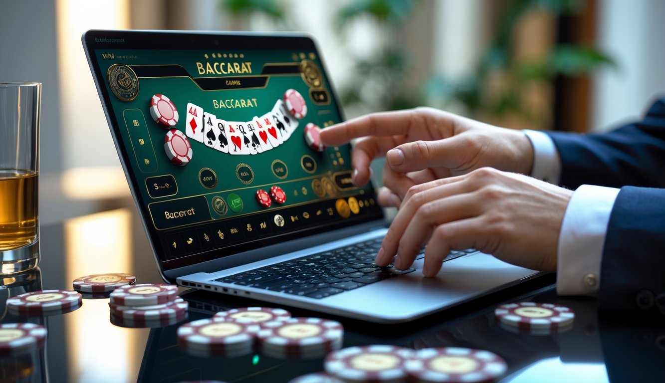 Seseorang sedang bermain baccarat online menggunakan komputer dengan kartu dan chip terlihat jelas.