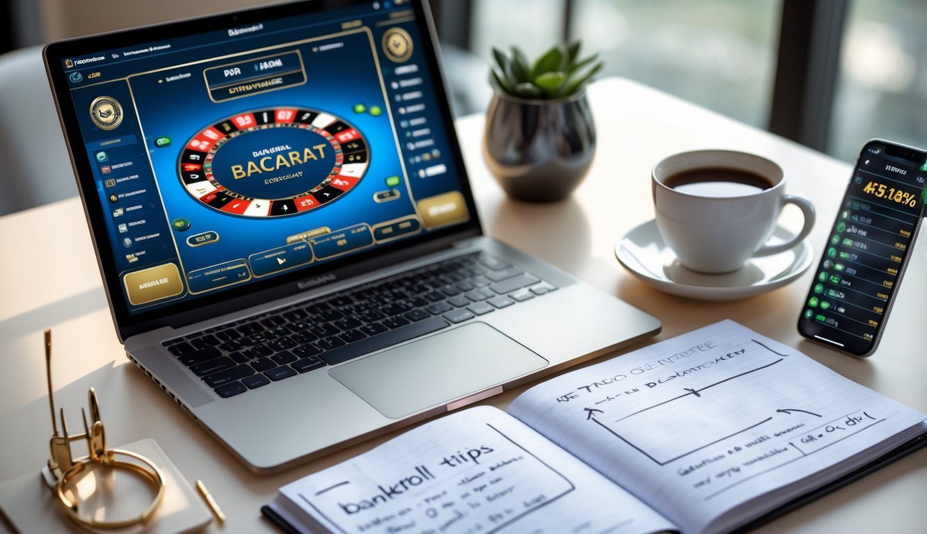 Meja kerja dengan laptop yang menampilkan permainan baccarat online, buku catatan dengan catatan taruhan, dan secangkir kopi.
