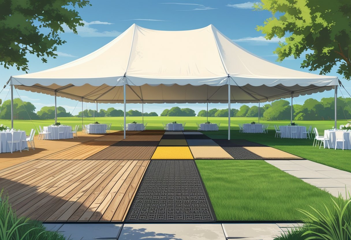 Outdoor event tent with different flooring types including wood decking, tiles, carpet, and grass shown beneath it.