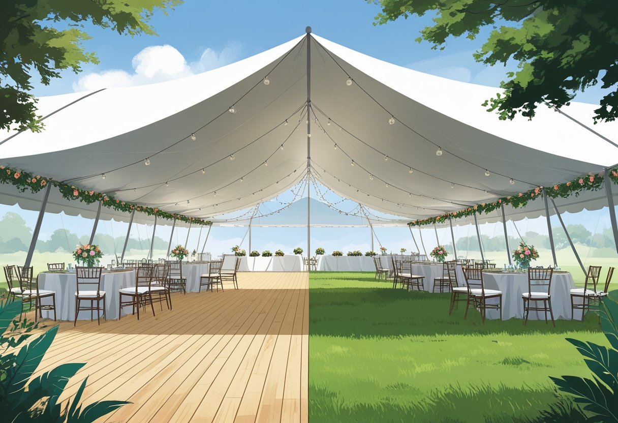 Outdoor event under a large white tent showing a side with wooden flooring and arranged tables and chairs, and a side with natural grass and scattered chairs.