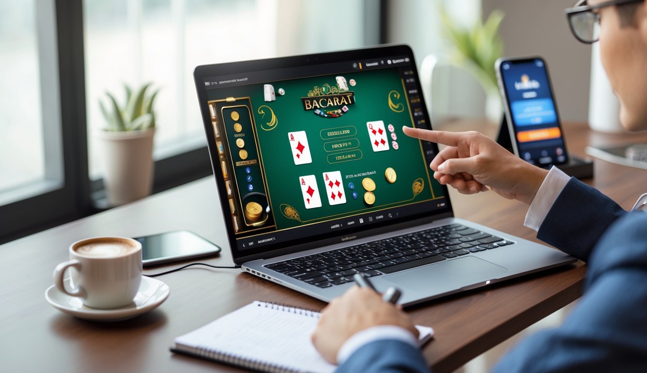 Seseorang sedang belajar bermain baccarat online di depan laptop dengan kartu dan chip taruhan terlihat di layar.