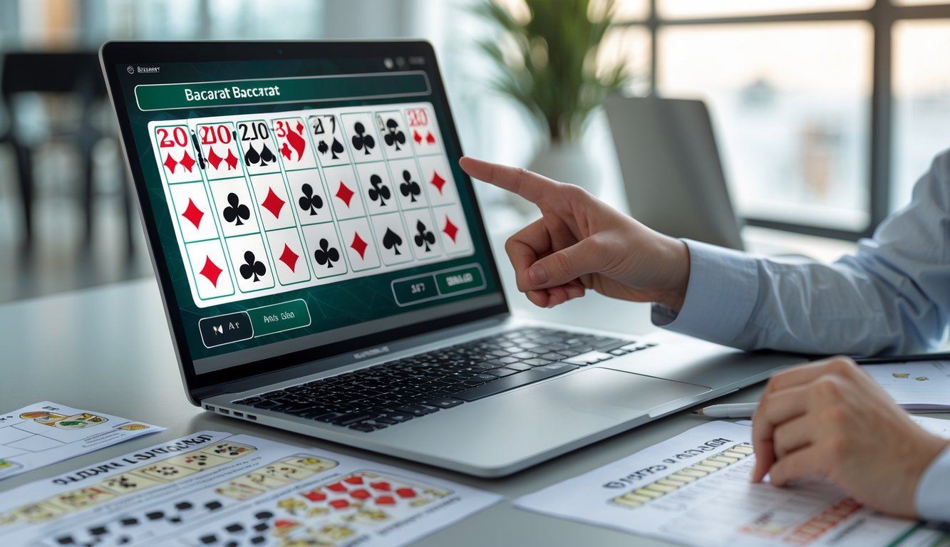 Seseorang belajar baccarat online di depan laptop dengan catatan dan grafik pola kartu di meja.