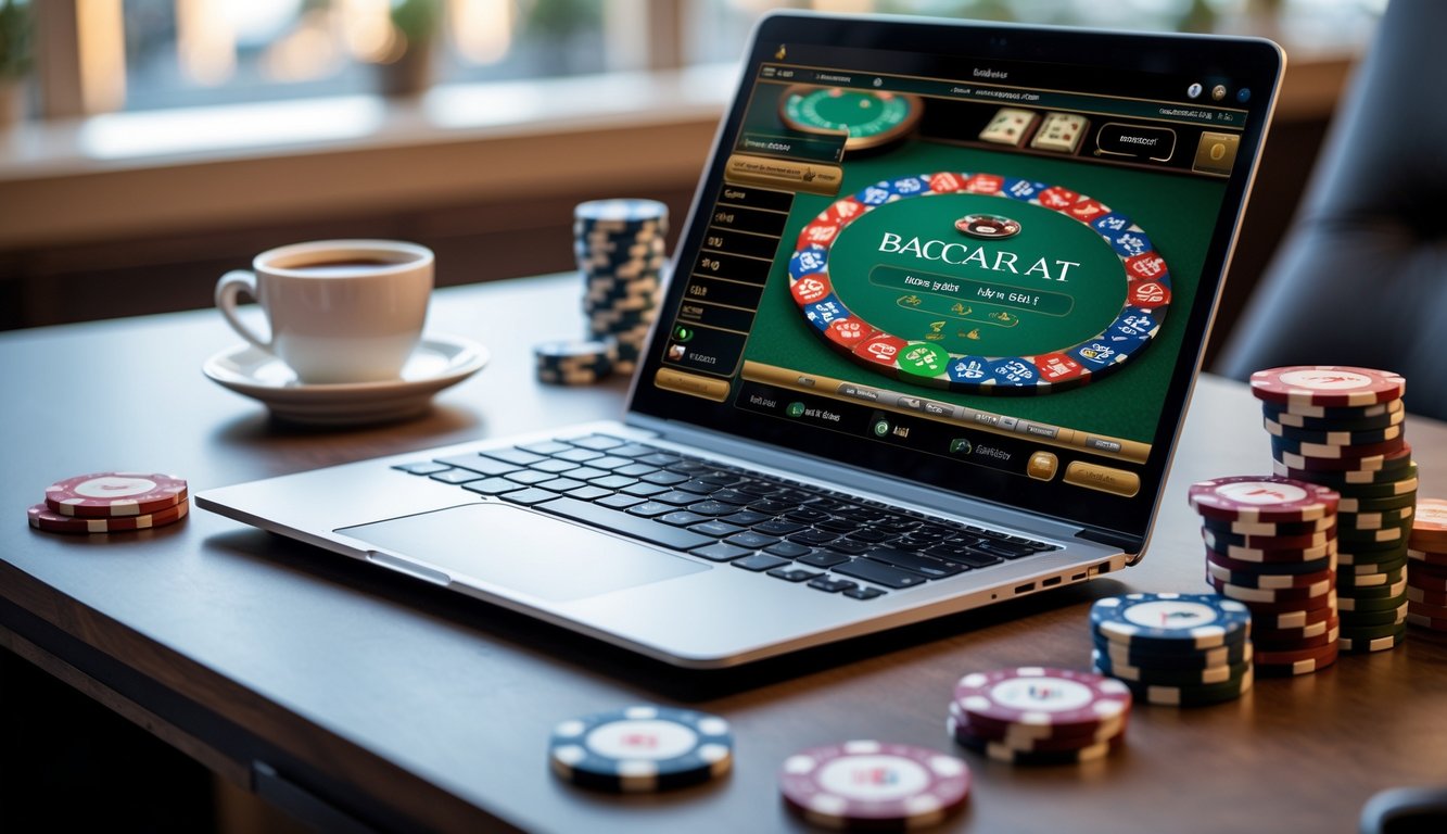 Meja kerja dengan laptop yang menampilkan permainan baccarat online dan tumpukan chip poker di sampingnya.