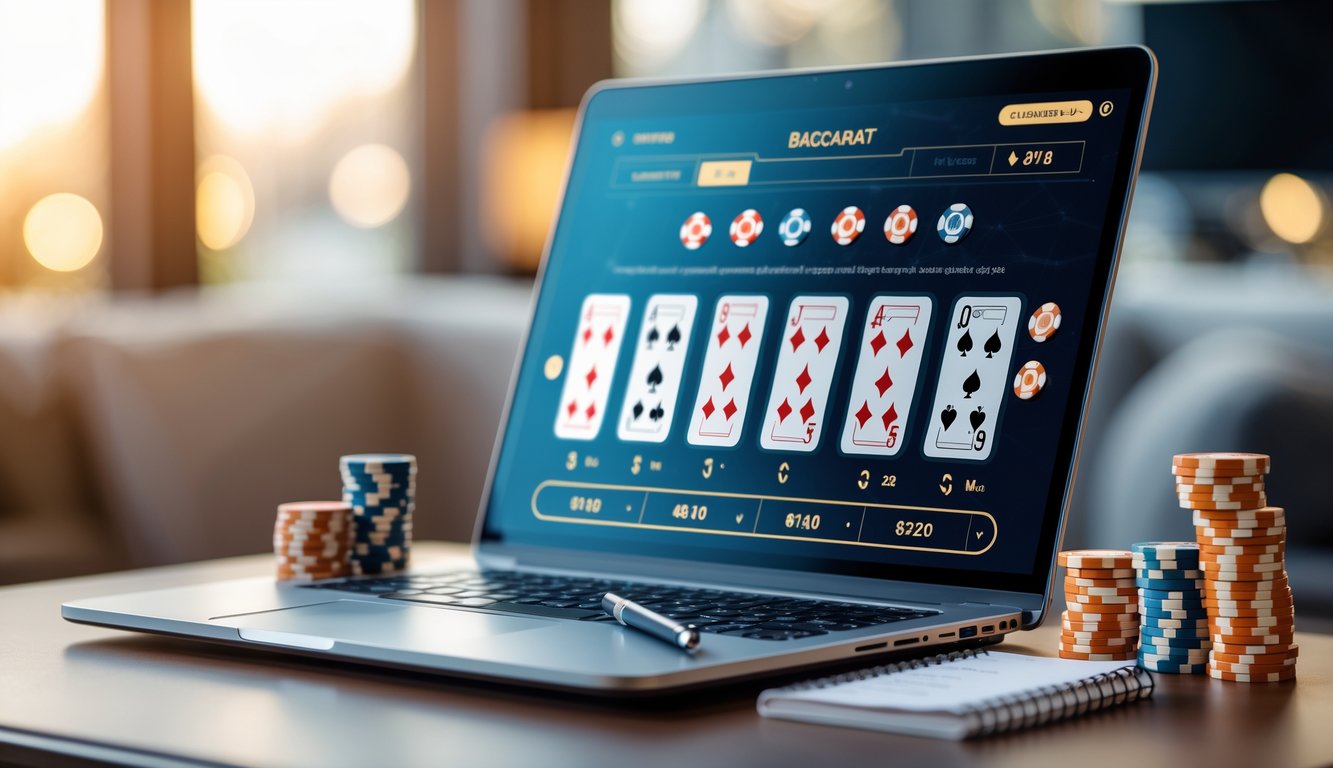 Seseorang sedang menggunakan komputer dengan permainan baccarat online di layar, dikelilingi oleh tumpukan chip poker kecil dan buku catatan di atas meja.