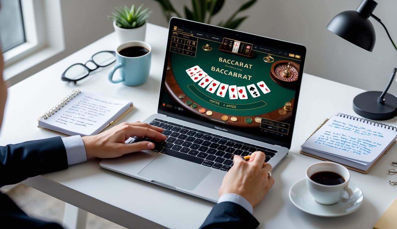 Seseorang sedang belajar bermain baccarat online di laptop dengan catatan strategi dan secangkir kopi di meja kerja.