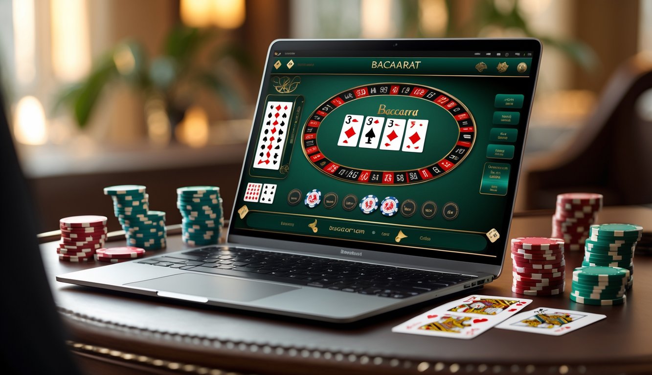 Sebuah laptop dan smartphone yang menampilkan permainan baccarat online dengan kartu dan chip kasino di atas meja.