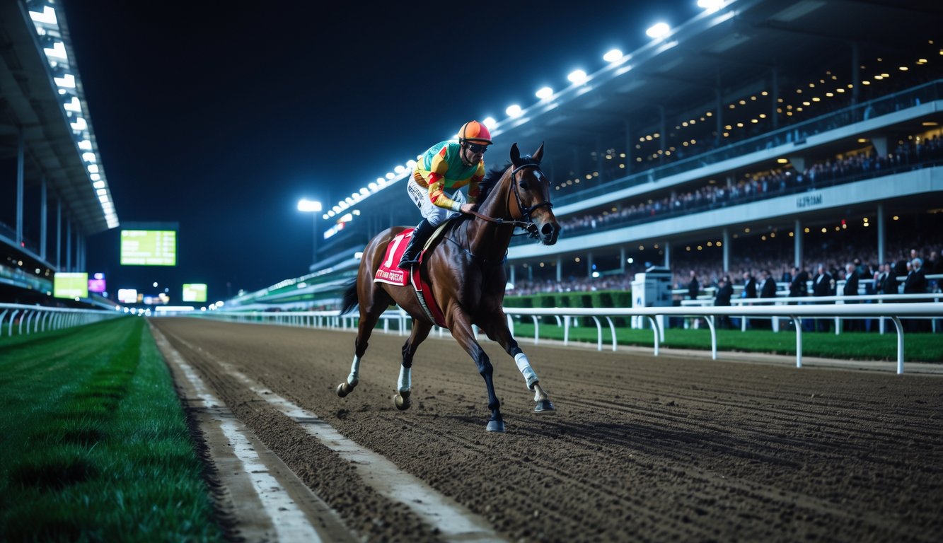 Seorang joki menunggang kuda pacuan di lintasan balap malam hari dengan penonton dan layar digital di latar belakang.