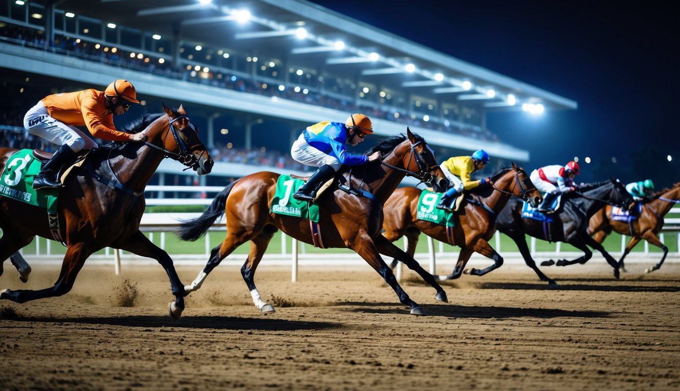 Balapan kuda malam hari dengan beberapa kuda dan joki yang sedang berlari cepat di lintasan balap yang diterangi lampu.