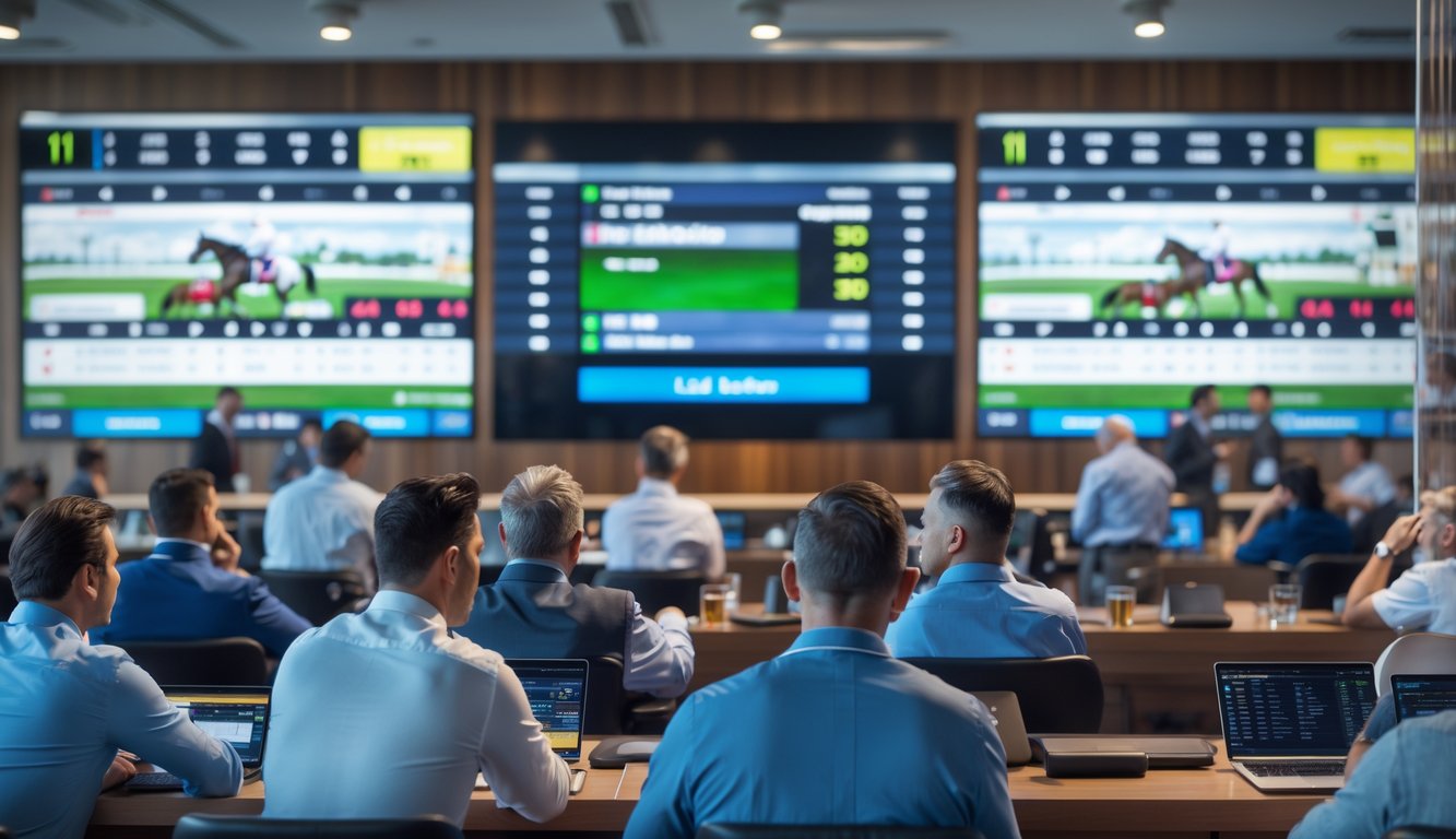 Orang-orang fokus menonton layar yang menampilkan hasil dan prediksi balap kuda secara langsung di sebuah ruang taruhan modern.