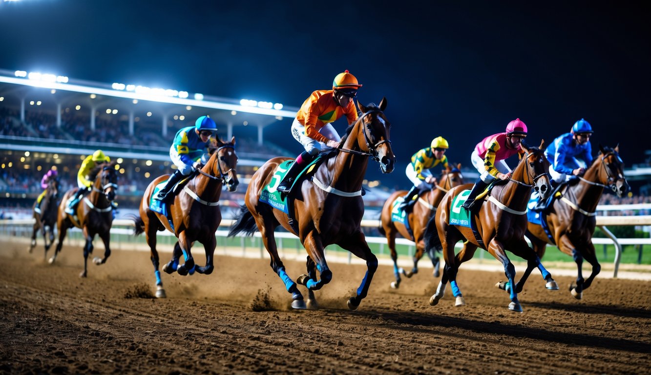 Lomba balap kuda malam hari dengan beberapa kuda dan joki yang sedang berlari cepat di trek balap, diiringi penonton di tribun.
