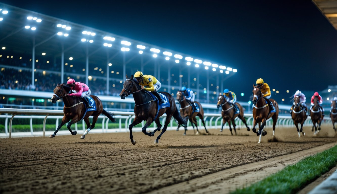 Lomba balap kuda malam hari dengan kuda dan joki sedang berlari cepat di lintasan yang terang benderang.