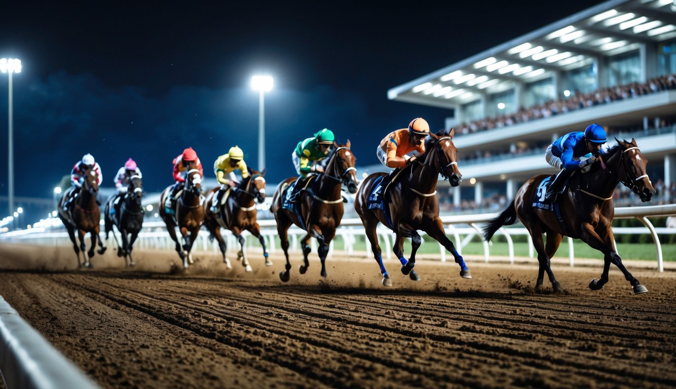 Balapan kuda malam hari di lintasan dengan joki mengenakan pakaian berwarna-warni dan penonton di tribun.