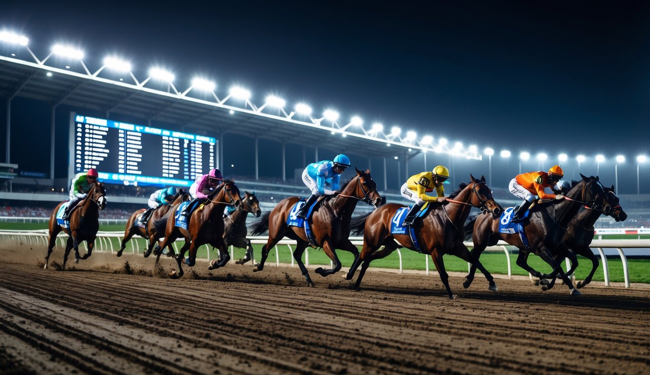 Balapan kuda malam hari dengan beberapa kuda dan joki yang sedang berlari di lintasan, lampu stadion menyinari area balapan, dan penonton memperhatikan dari tribun.