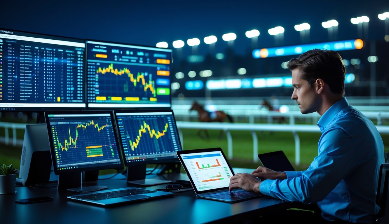 Seorang analis memeriksa data statistik balap kuda malam hari dengan layar komputer dan latar belakang lintasan balap kuda yang terlihat samar.