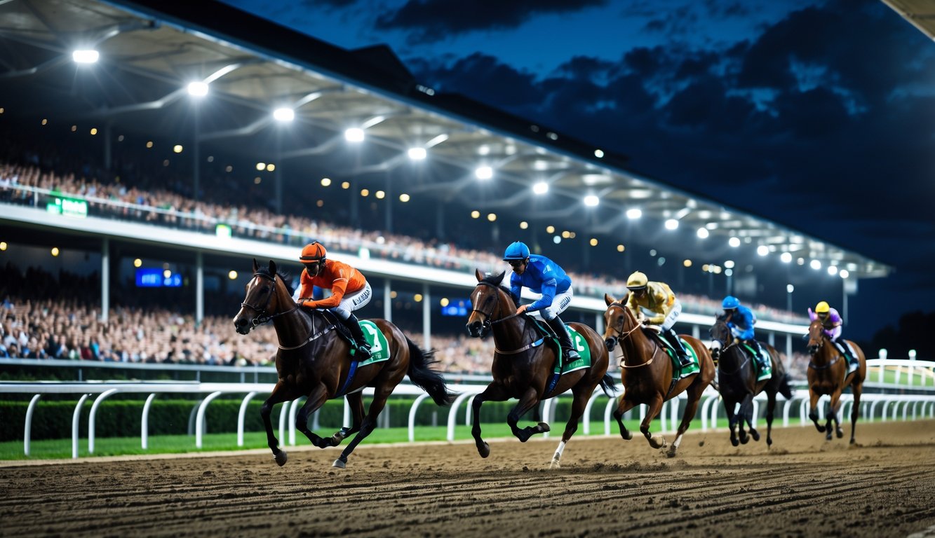Beberapa kuda pacu dengan joki sedang berlari cepat di lintasan balap malam hari dengan penonton di latar belakang.