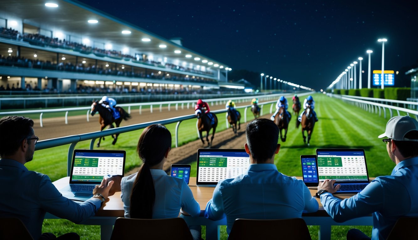 Orang-orang menonton balap kuda malam hari sambil menggunakan perangkat digital untuk memasang taruhan online.