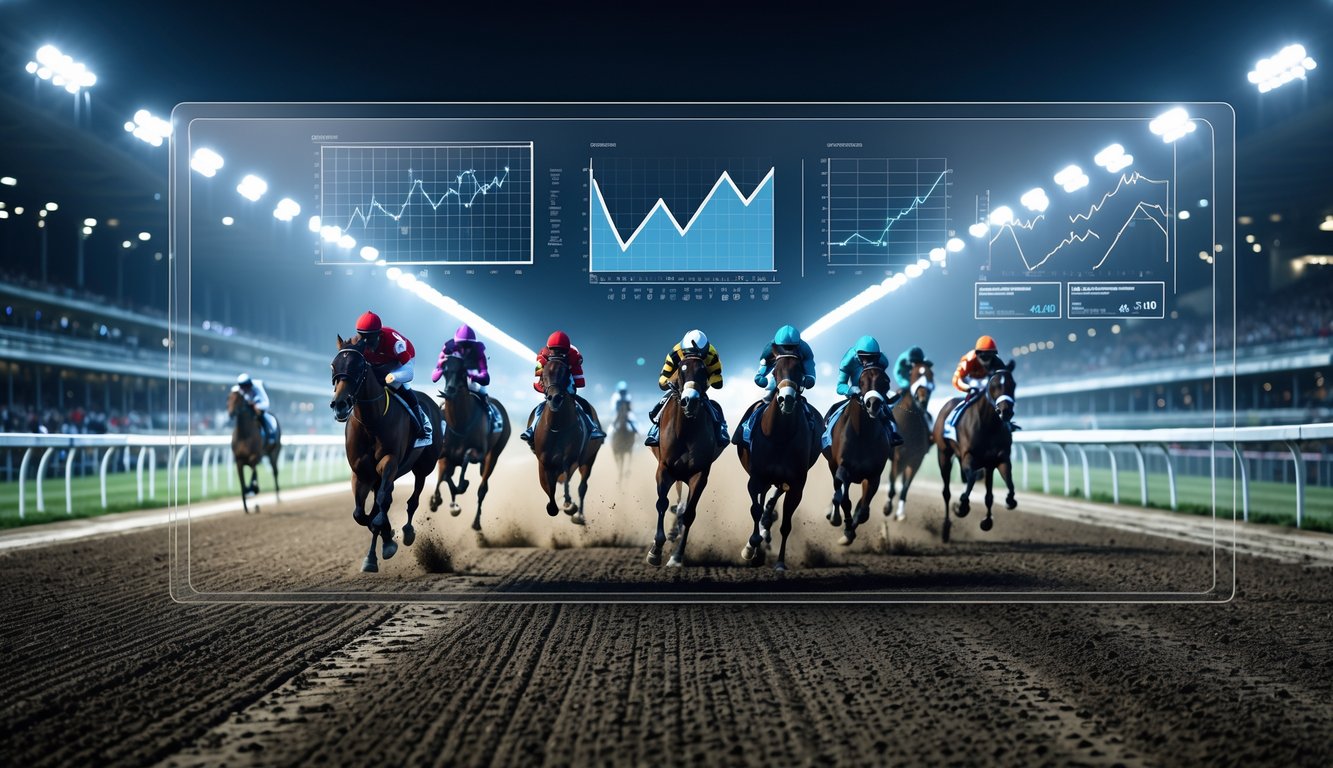 Lomba pacuan kuda malam hari dengan kuda dan joki sedang berlari di lintasan yang terang, serta grafik data transparan di depan.