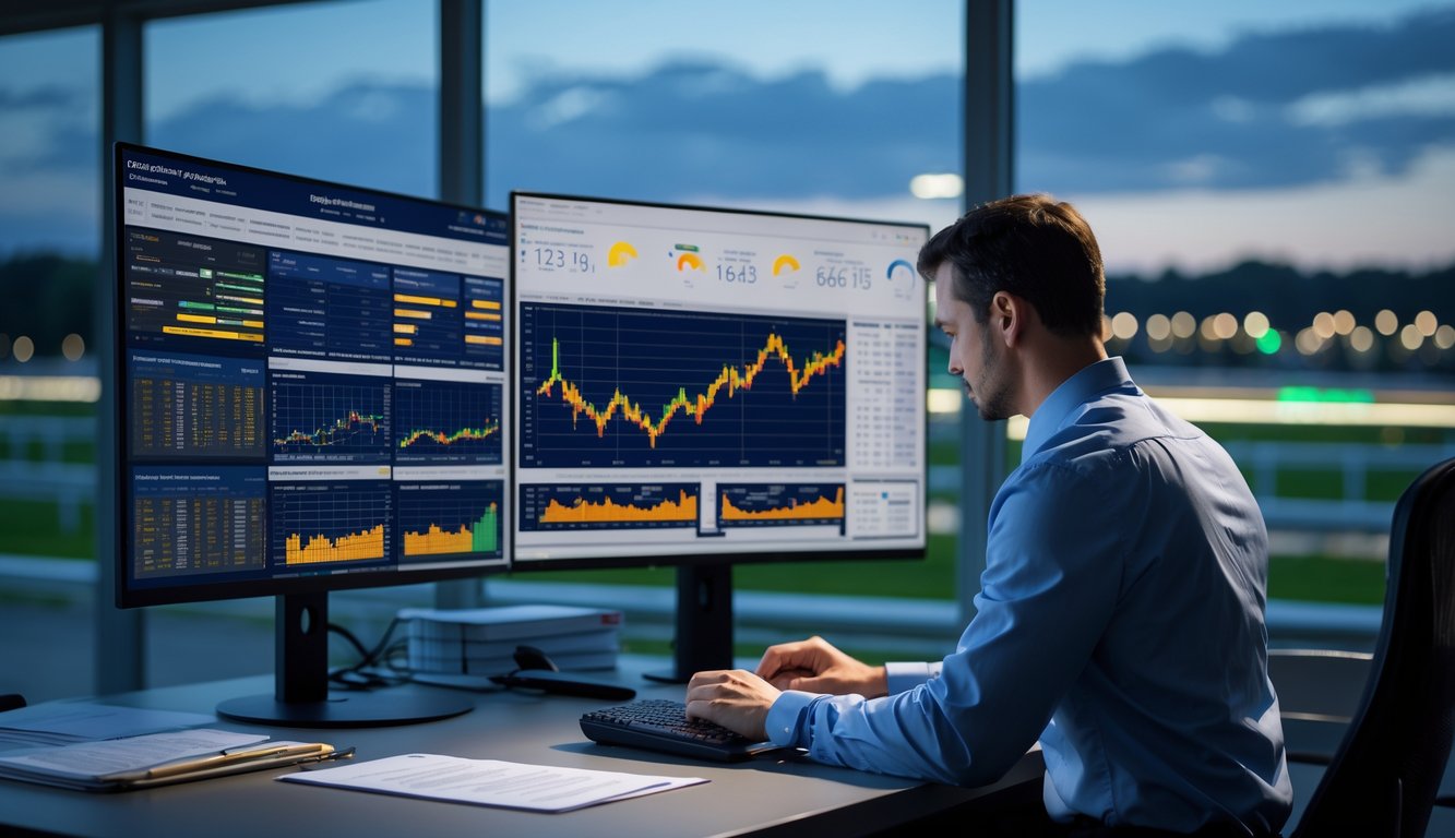 Seorang analis sedang bekerja di depan komputer dengan grafik data balap kuda dan kondisi lintasan, dengan latar belakang lintasan balap kuda pada malam hari.