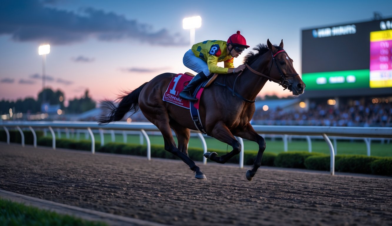 Seekor kuda pacu berlari kencang dengan joki di lintasan balap saat malam hari, dengan penonton di latar belakang.