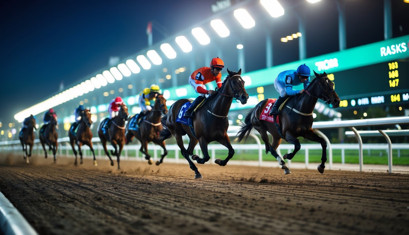 Lomba kuda malam hari dengan beberapa joki menunggang kuda berlari cepat di lintasan balap yang terang benderang.