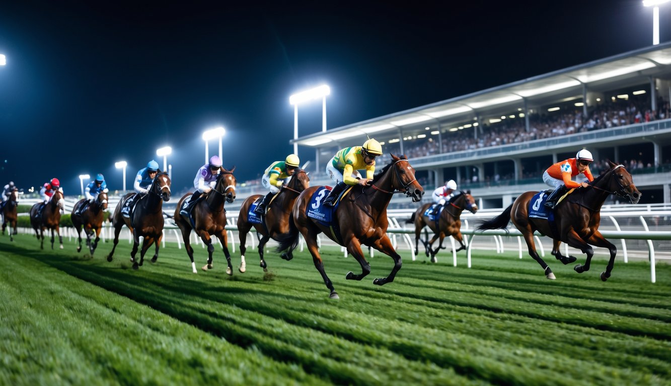 Balapan kuda malam hari dengan beberapa kuda dan joki yang sedang berlari di lintasan yang terang, di depan tribun penonton yang penuh.