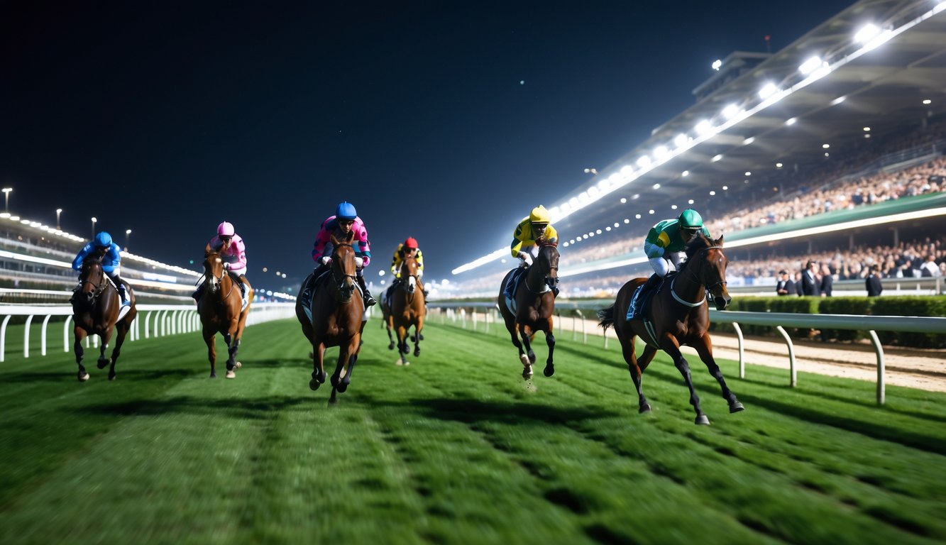 Lomba balap kuda malam hari dengan beberapa kuda dan joki yang sedang berlari di lintasan yang terang, di depan penonton yang antusias.