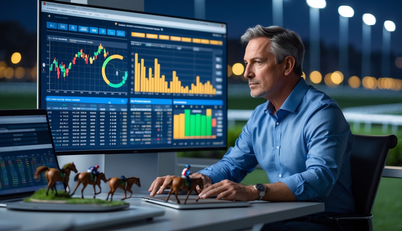 Seorang analis balap kuda sedang memeriksa data dan grafik di studio dengan latar belakang lintasan balap kuda malam hari yang terang benderang.