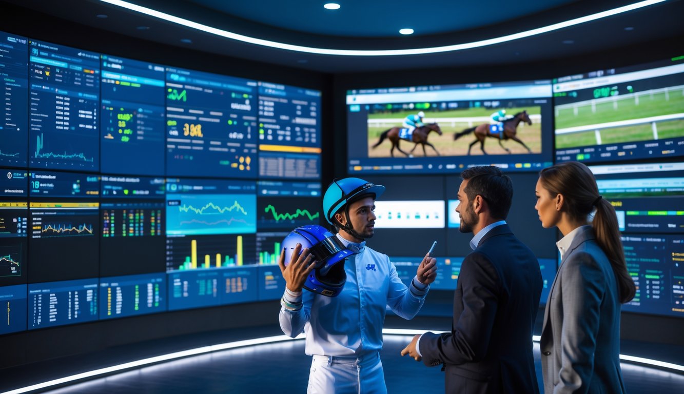 Sekelompok ahli sedang menganalisis data balap kuda malam hari di sebuah ruangan dengan layar besar yang menampilkan statistik dan rekaman balapan.