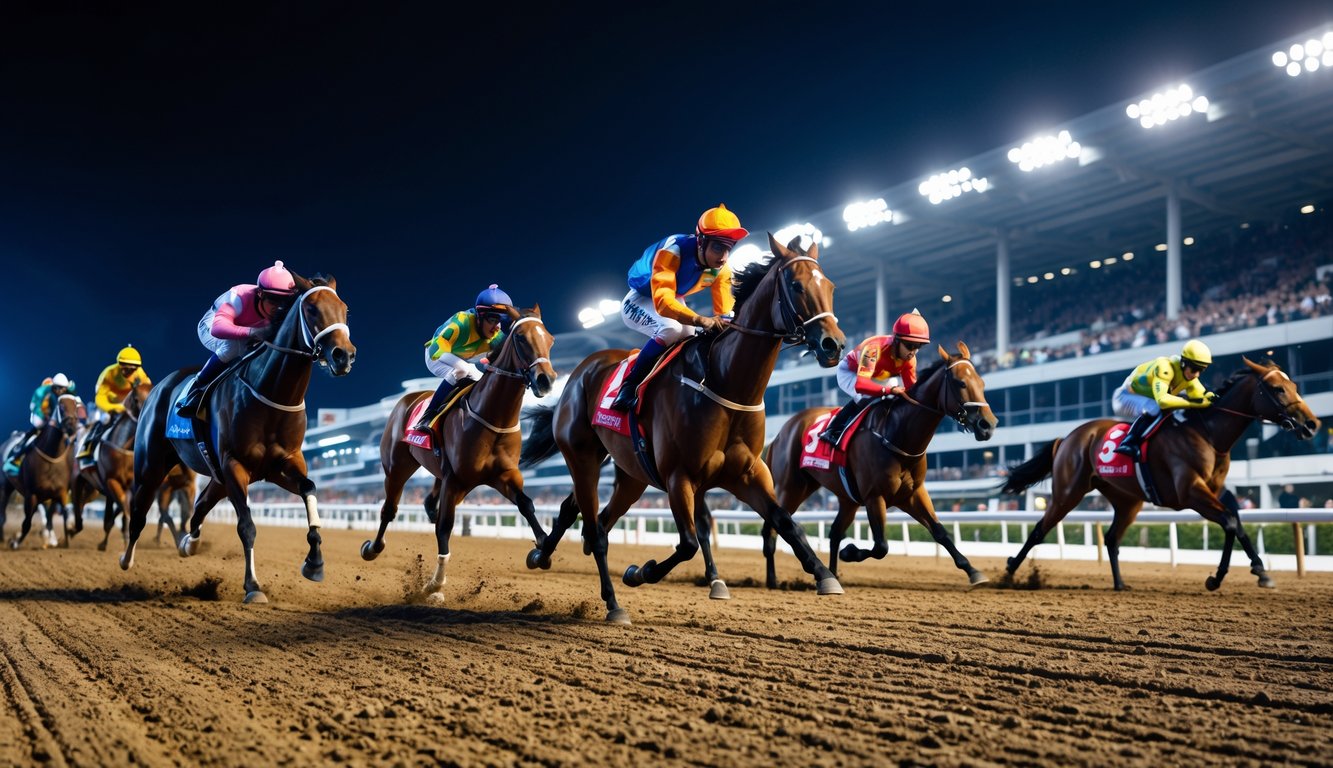 Beberapa kuda pacu dengan joki berwarna-warni berlomba di lintasan malam hari dengan penonton di latar belakang.