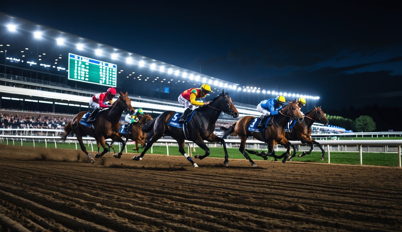 Balapan kuda malam hari di lintasan dengan joki mengenakan pakaian berwarna-warni dan penonton menyaksikan dari tribun.