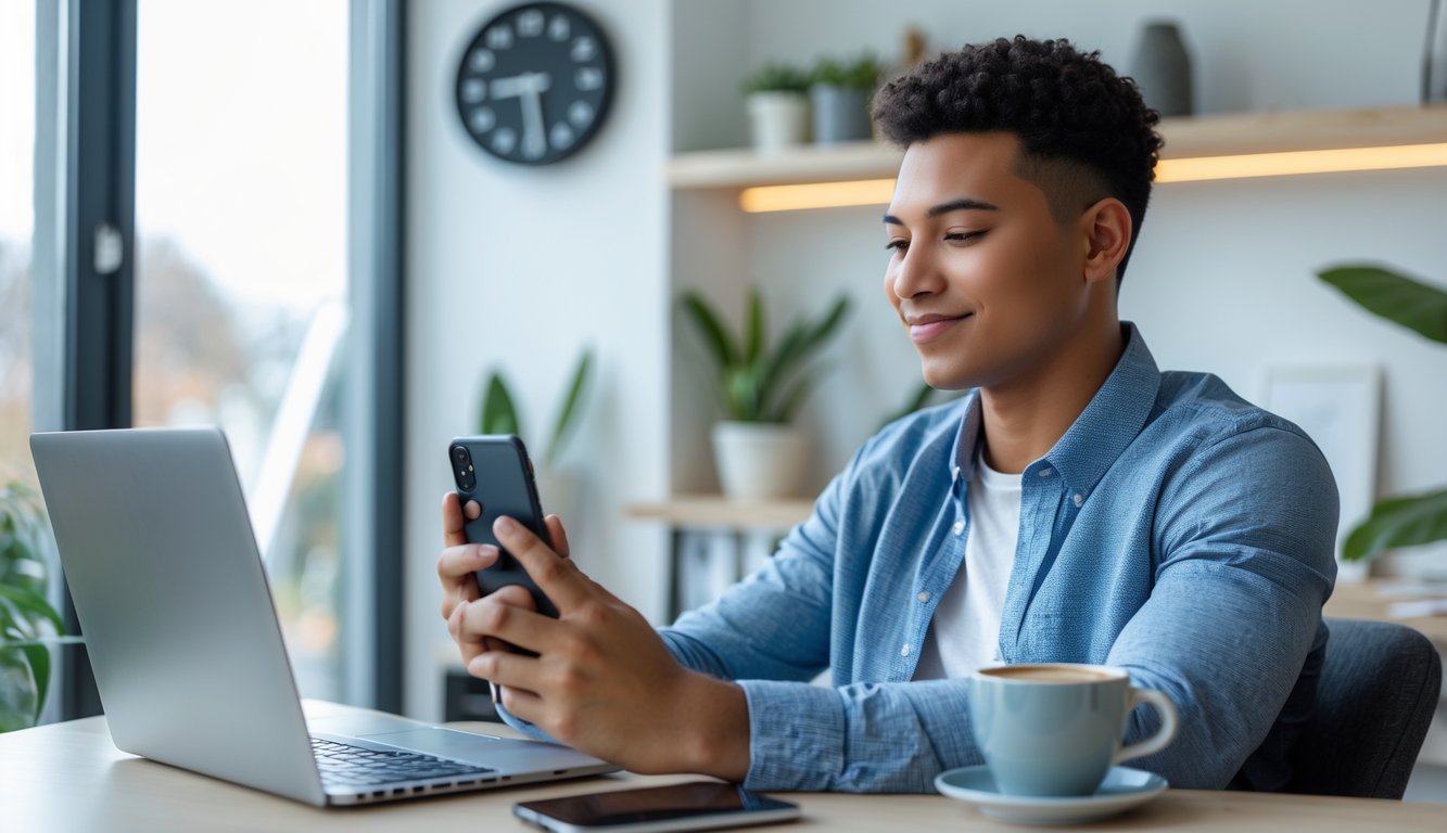 Seseorang menggunakan laptop dan ponsel di ruang kerja rumah yang terang dan rapi, menunjukkan aktivitas online yang nyaman dan terpercaya.