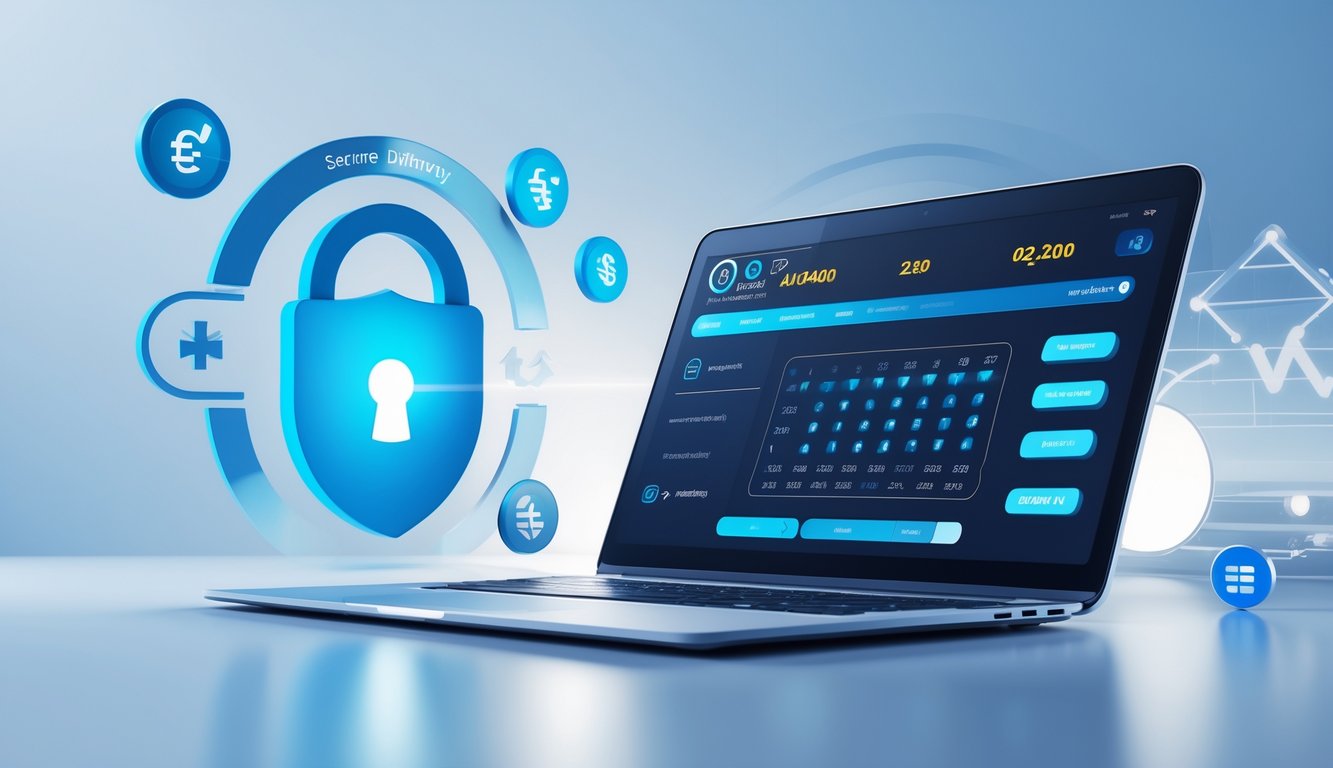 Seseorang menggunakan perangkat digital dengan tampilan angka lotere dan ikon keamanan di latar belakang.