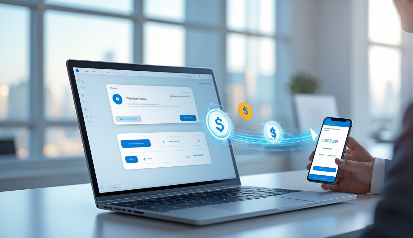 Seorang profesional menggunakan laptop dan ponsel untuk melakukan transaksi keuangan online dengan cepat dan mudah di sebuah kantor modern.