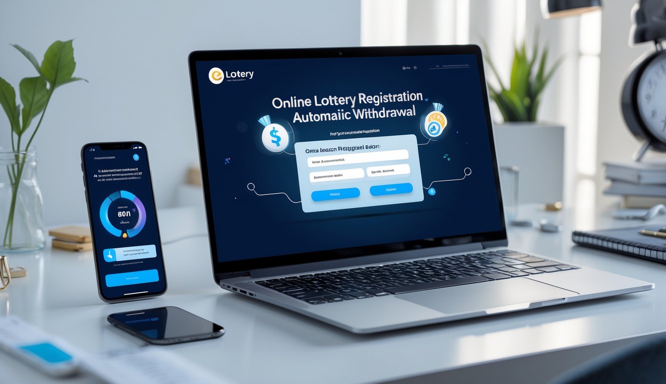 Seorang pengguna sedang mendaftar togel online di laptop dengan ponsel di samping yang menampilkan notifikasi pembayaran berhasil.