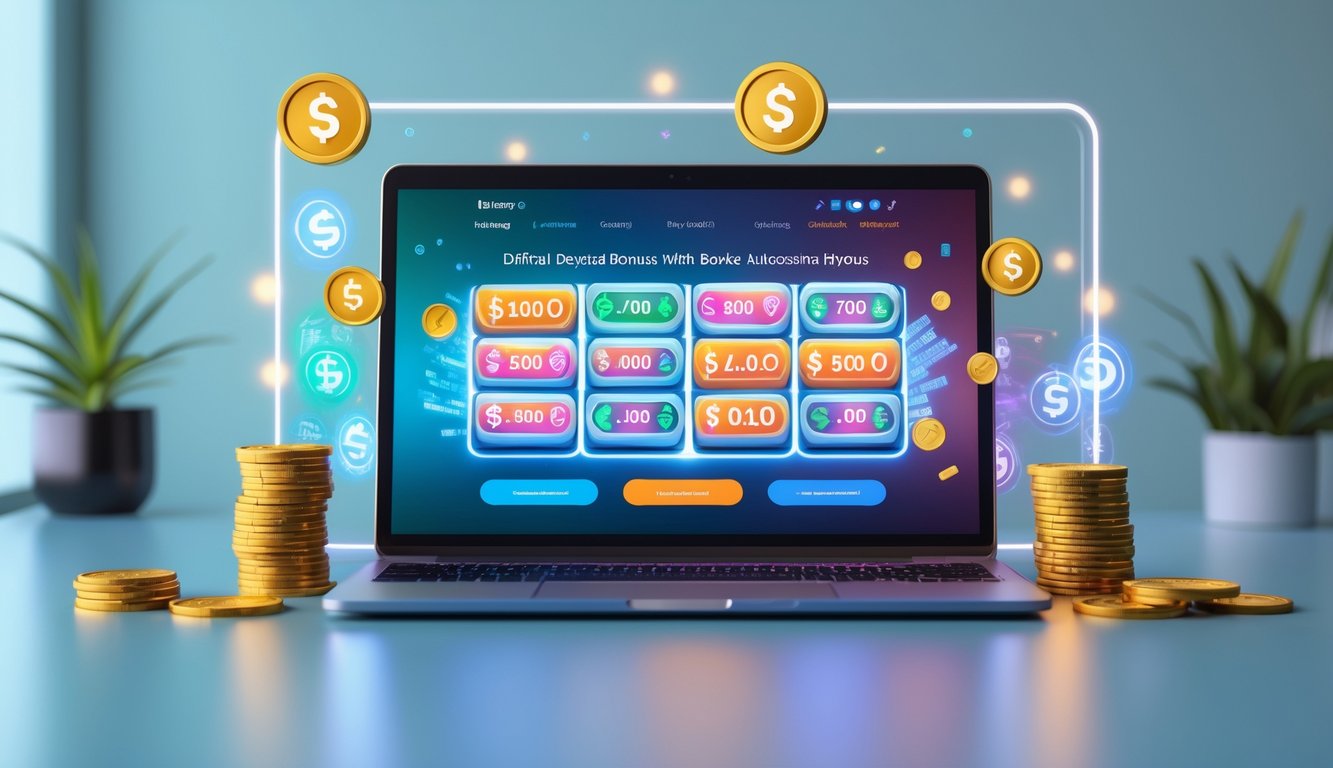 Seseorang menggunakan komputer dengan tampilan situs togel online, dikelilingi simbol uang dan ikon transaksi otomatis.